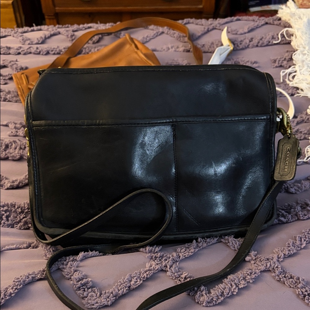 Coach Black Leather Crossbody with brass and tag purse vintage